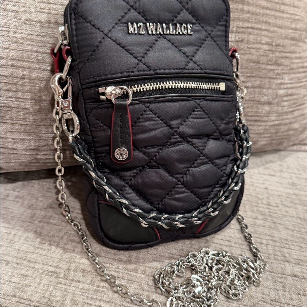 MZ WALLACE Black, Quilted Micro Crosby Crossbody Phone Bag with Silver Chain - Picture 3 of 16